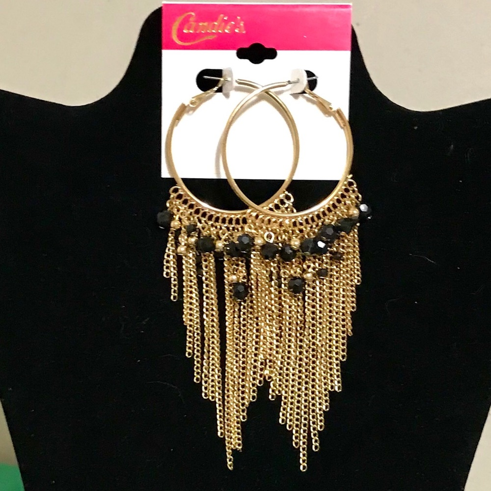 Gold Hoop w/Black Rhinestone 5 ¼” Fringe Earrings